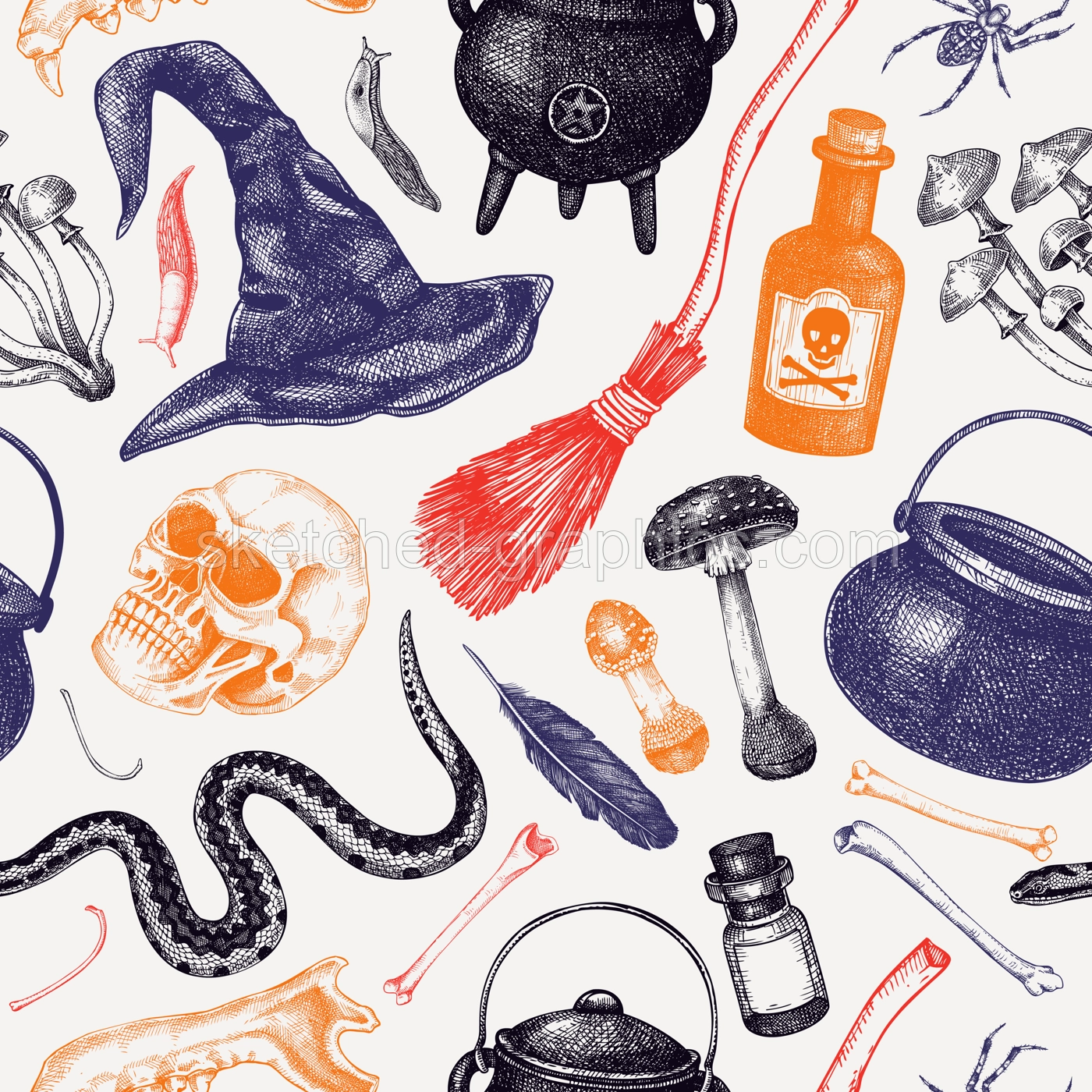 Halloween seamless pattern. Hand drawn vector illustration. Skulls, bones, pumpkin, poisonous mushrooms, snakes, raven sketches. Autumn holiday background. Halloween design elements Illustration